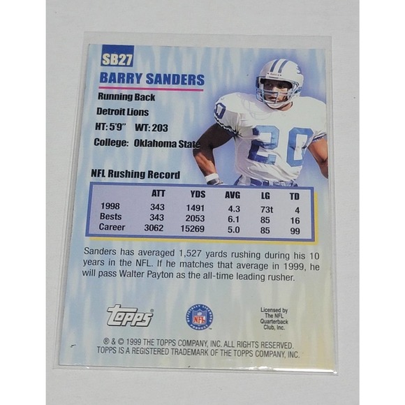 Barry Sanders 1999 Topps SB27 Bull Rushers Insert Near Mint/Mint HOF Lions - Picture 2 of 2